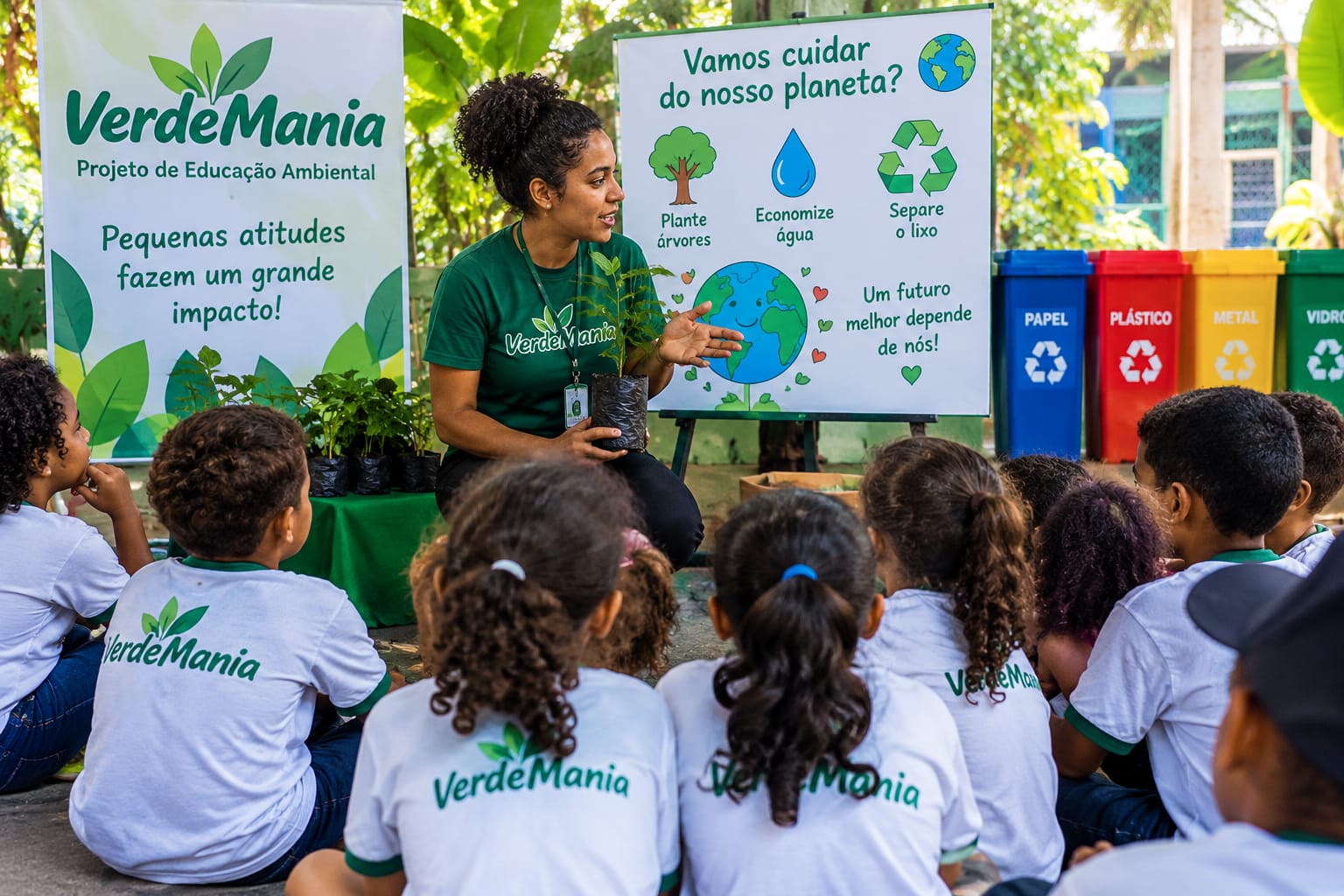 Aula de educação ambiental do Educar Mania com crianças reunidas em volta da educadora