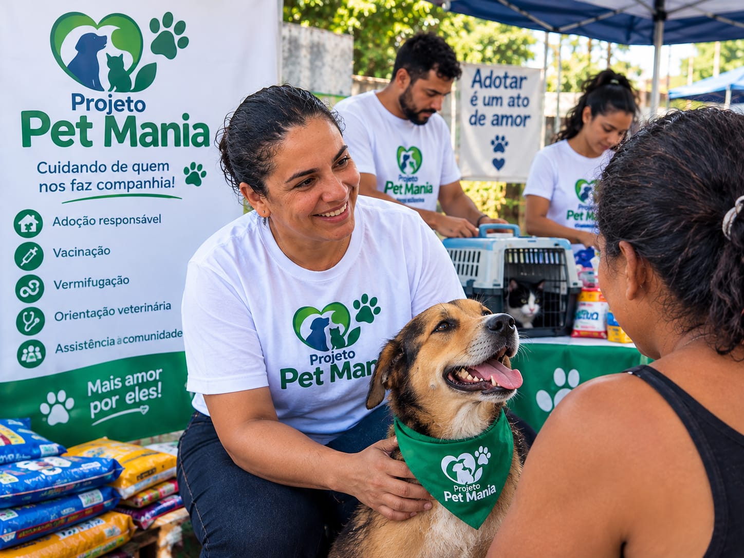 Equipe do Projeto Pet Mania em ação social de cuidado animal, com uma voluntária ao lado de um cachorro